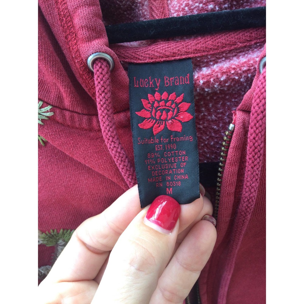 Vintage Lucky Brand womens zip up hoodie sweatshirt M embroidered red Y2K crane - Picture 9 of 12